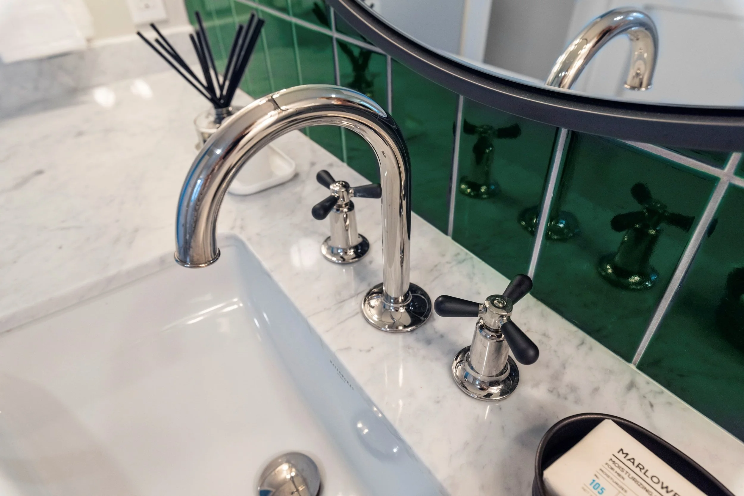 Studio SQUIRE | Marin County and SF Bay Area Interior Design Firm | Belvedere-Tiburon Project | Modern Bathroom Design | Waterworks Faucet | Vanity Details