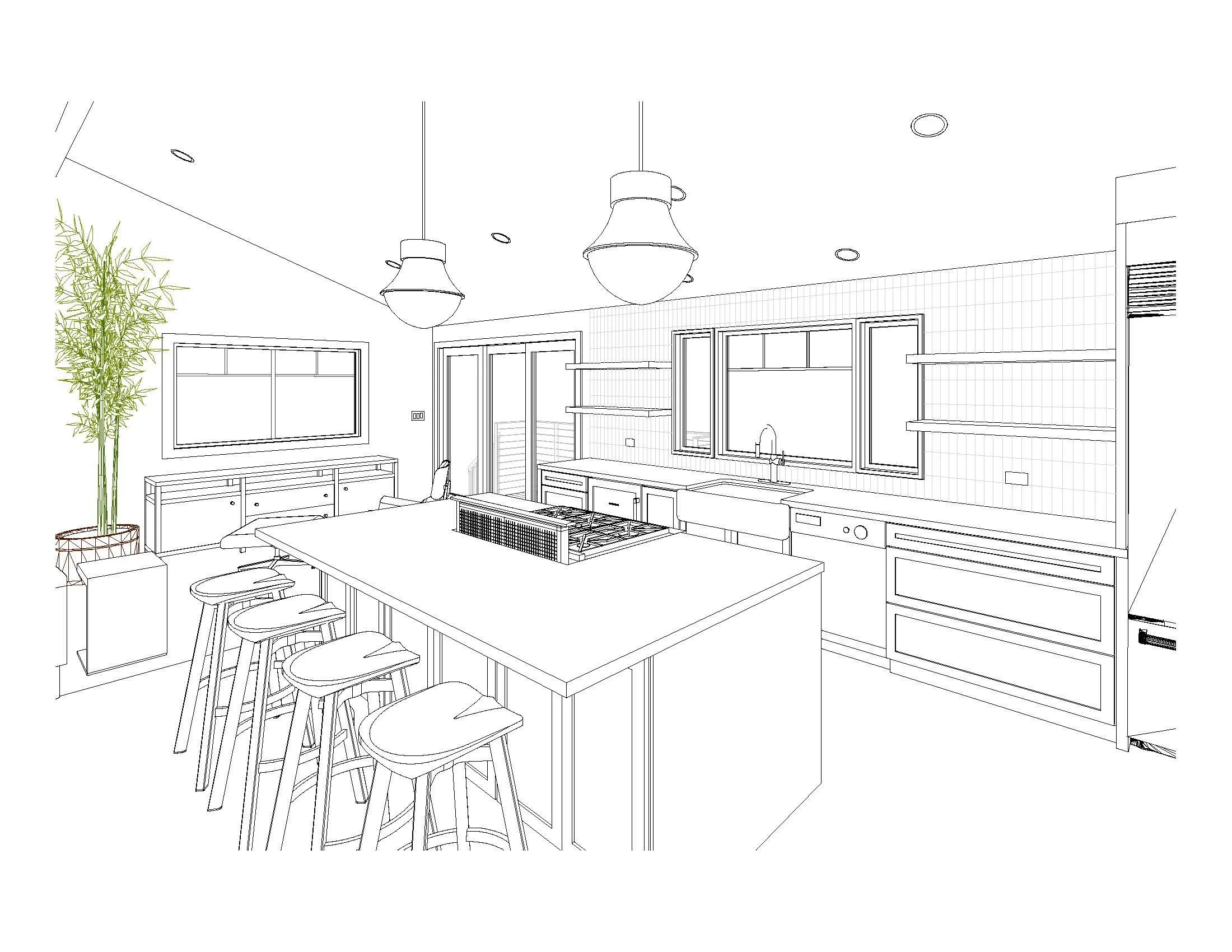 Kitchen renovation in Tiburon designed by Marin interior designer Studio SQUIRE featuring 3D perspective drawing.