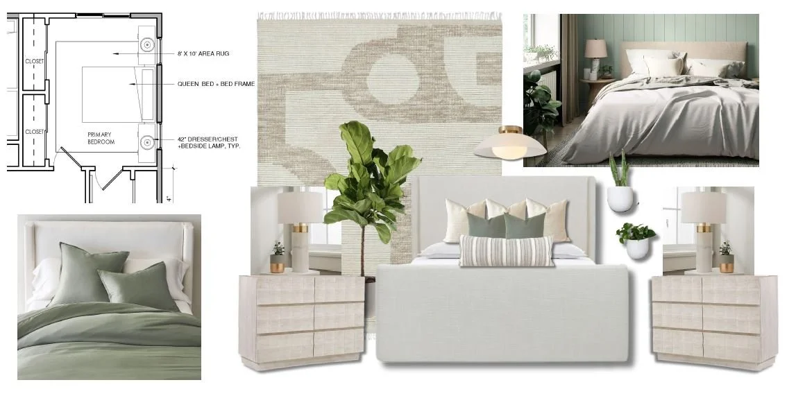 Studio SQUIRE | Marin and SF Bay Area Interior Design Firm | San Anselmo Downstairs Renovation | Primary Bedroom Design | Ivory Brass and Sage Green Bedroom Design