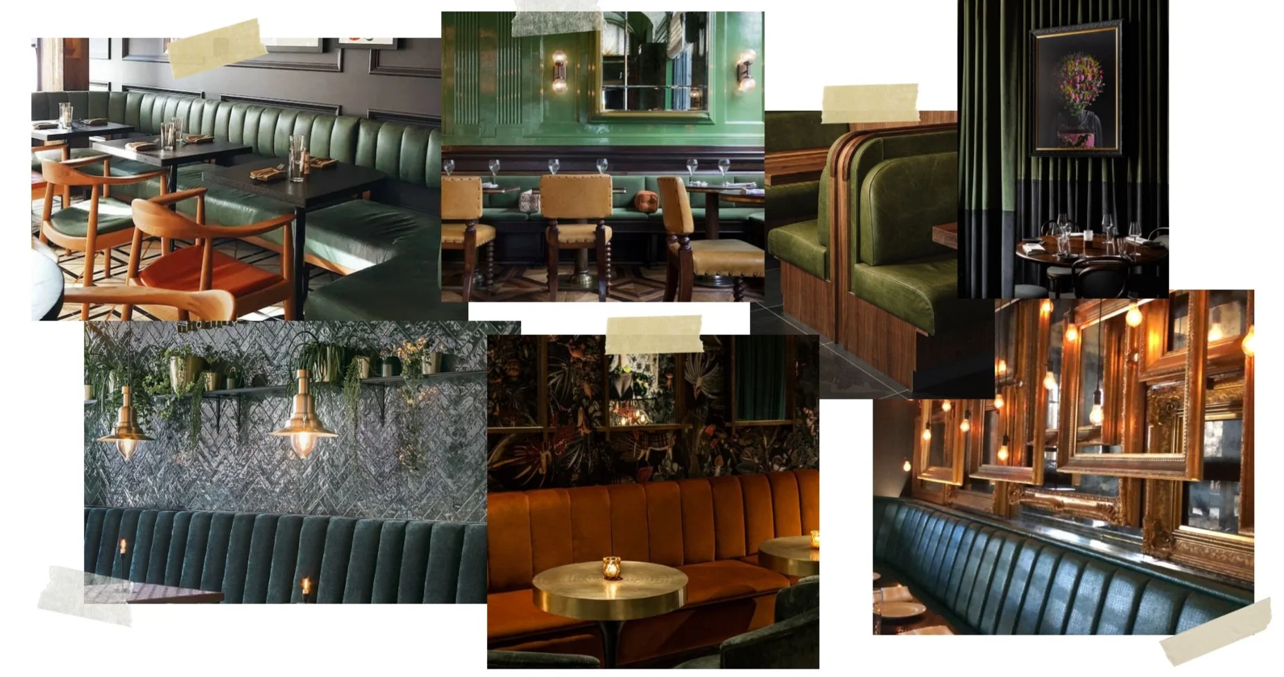 Commercial wine bar inspiration board in Belvedere-Tiburon designed by Marin interior designer Studio SQUIRE featuring Banquette Seating, Patterned Wallpaper, and Wall Sconces