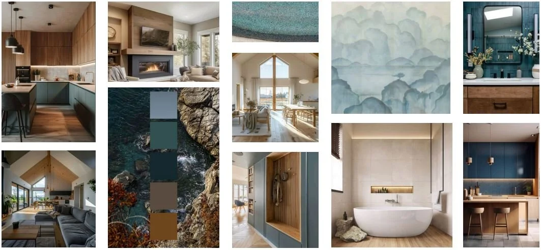 Studio SQUIRE | Marin and SF Bay Area Interior Design Firm | Larkspur Whole Home Renovation Project | Mountain Modern Inspiration Page Teal Walnut Ivory Chestnut Color Palette