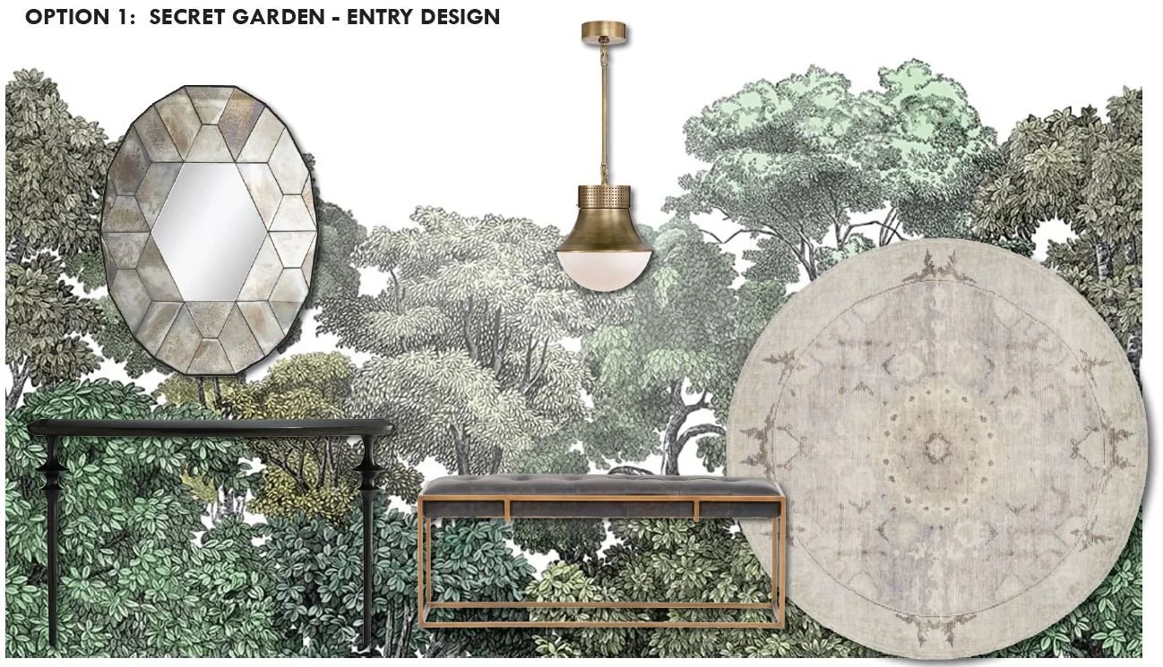 Entry design with mirror, table, bench, round rug, brass lighting fixture and botanical wallpaper.