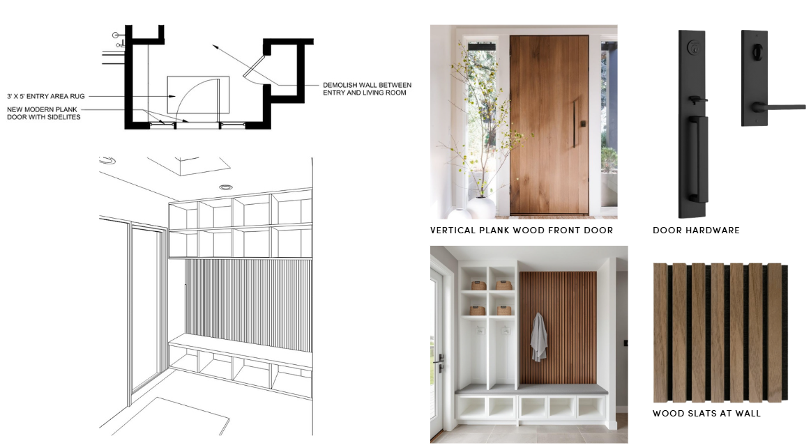 Entry renovation in Corte Madera designed by Marin interior designer Studio SQUIRE featuring  matte black door hardware, vertical plank wood front door, and wood slats
