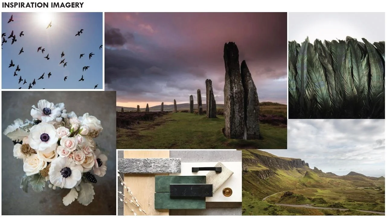 Secret Garden Project Inspiration Images.  Images of feathers, flowers, birds, Scottland, and greenery.