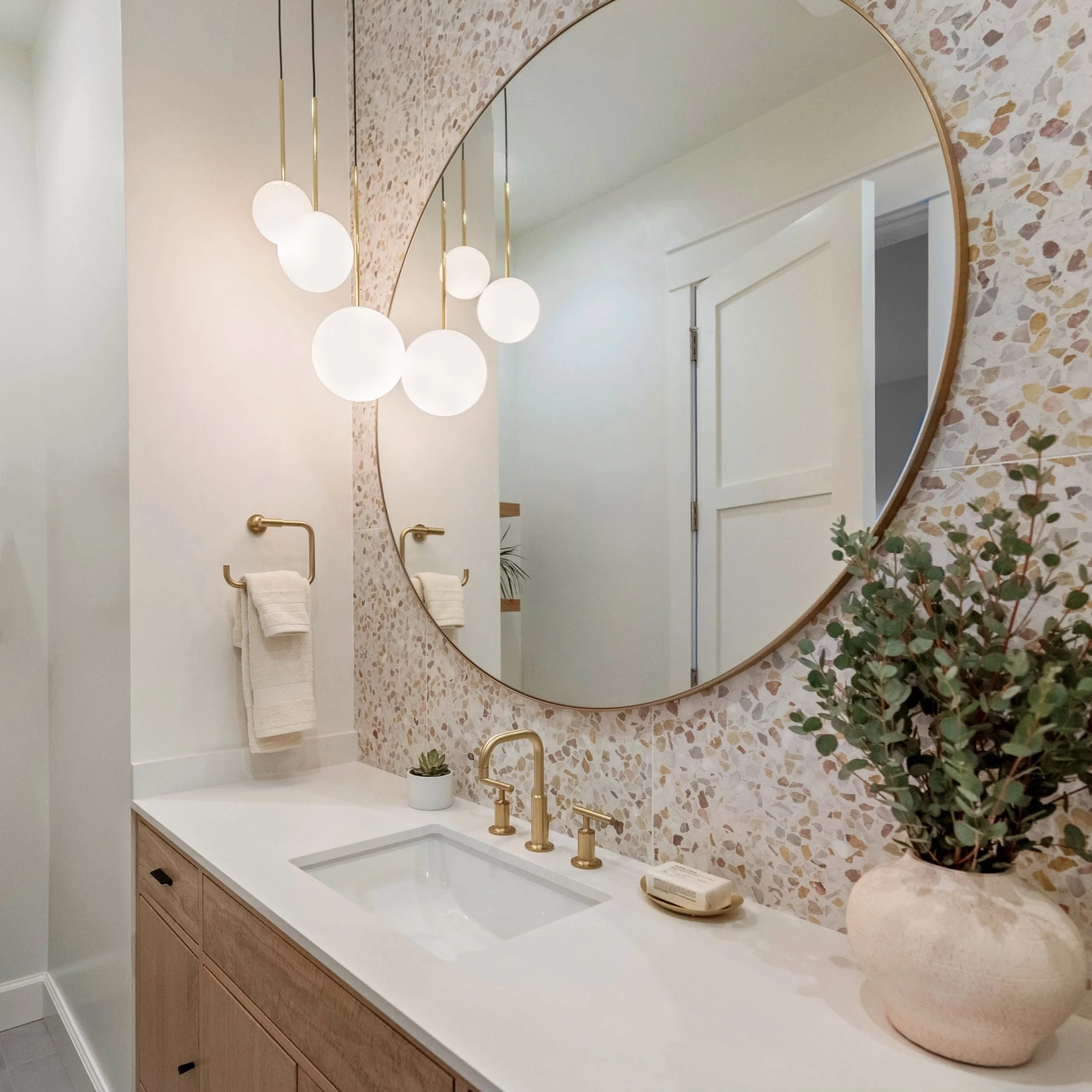 Studio SQUIRE | Marin County and SF Bay Area Interior Design Firm | Belvedere-Tiburon Project | Modern Kids' Bathroom Design | Vanity Design | Blush Terrazzo | Modern Lighting