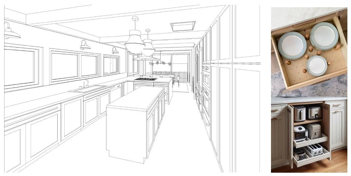 Studio SQUIRE | Marin and SF Bay Area Interior Design Firm | Kentfield Kitchen Design | Transitional kitchen with white cabinets brass hardware white oak and botanical wallpaper