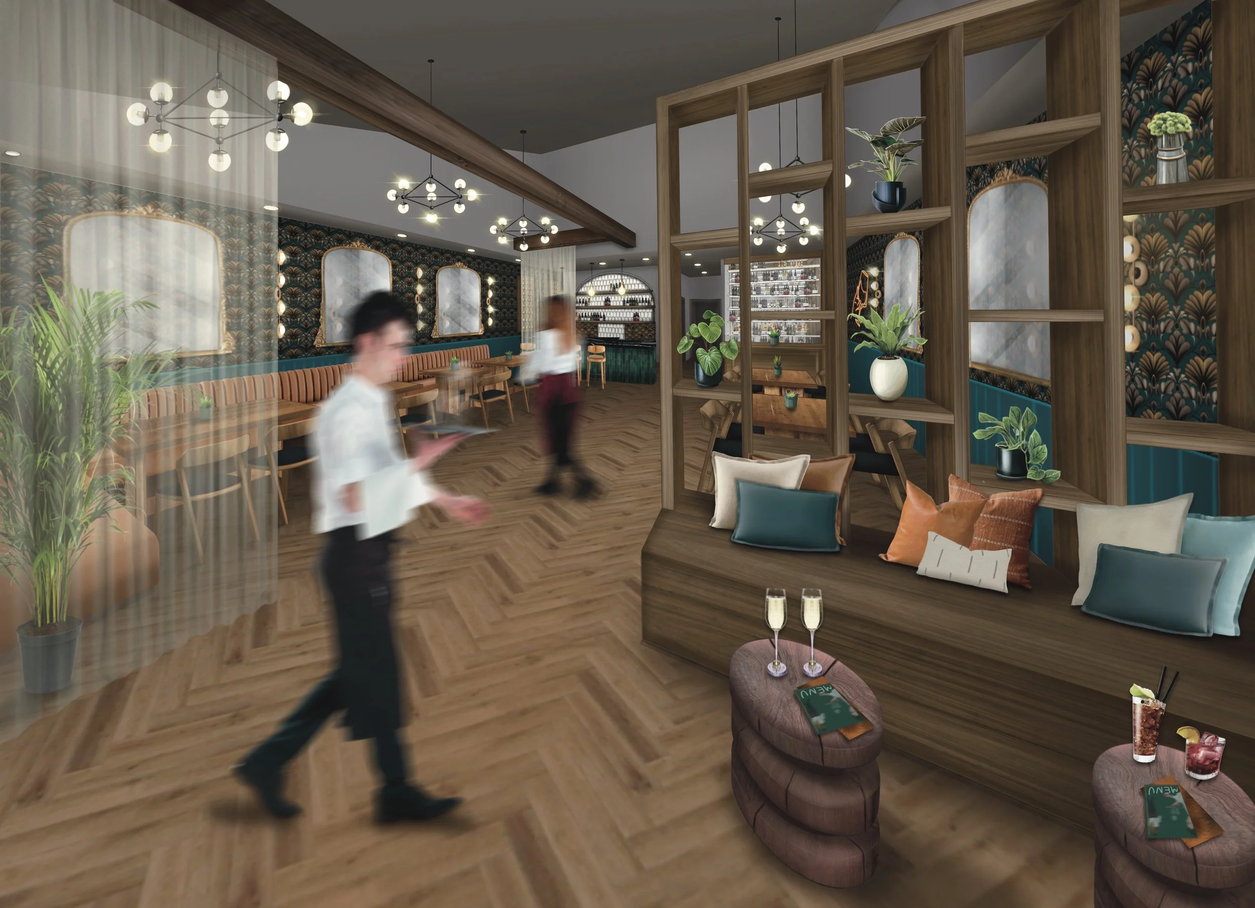 Commercial wine bar rendering in Belvedere-Tiburon designed by Marin interior designer Studio SQUIRE featuring Wood Bench, Accent Pillows, Herringbone Flooring, and Side Tables