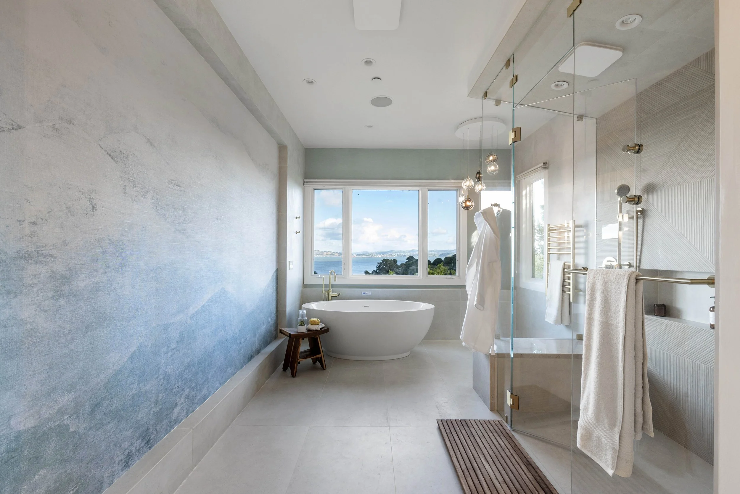 Studio Squire | SF Bay Area | Marin County | Tiburon Luxury Primary Bathroom Renovation | Freestanding tub with steam shower and mural