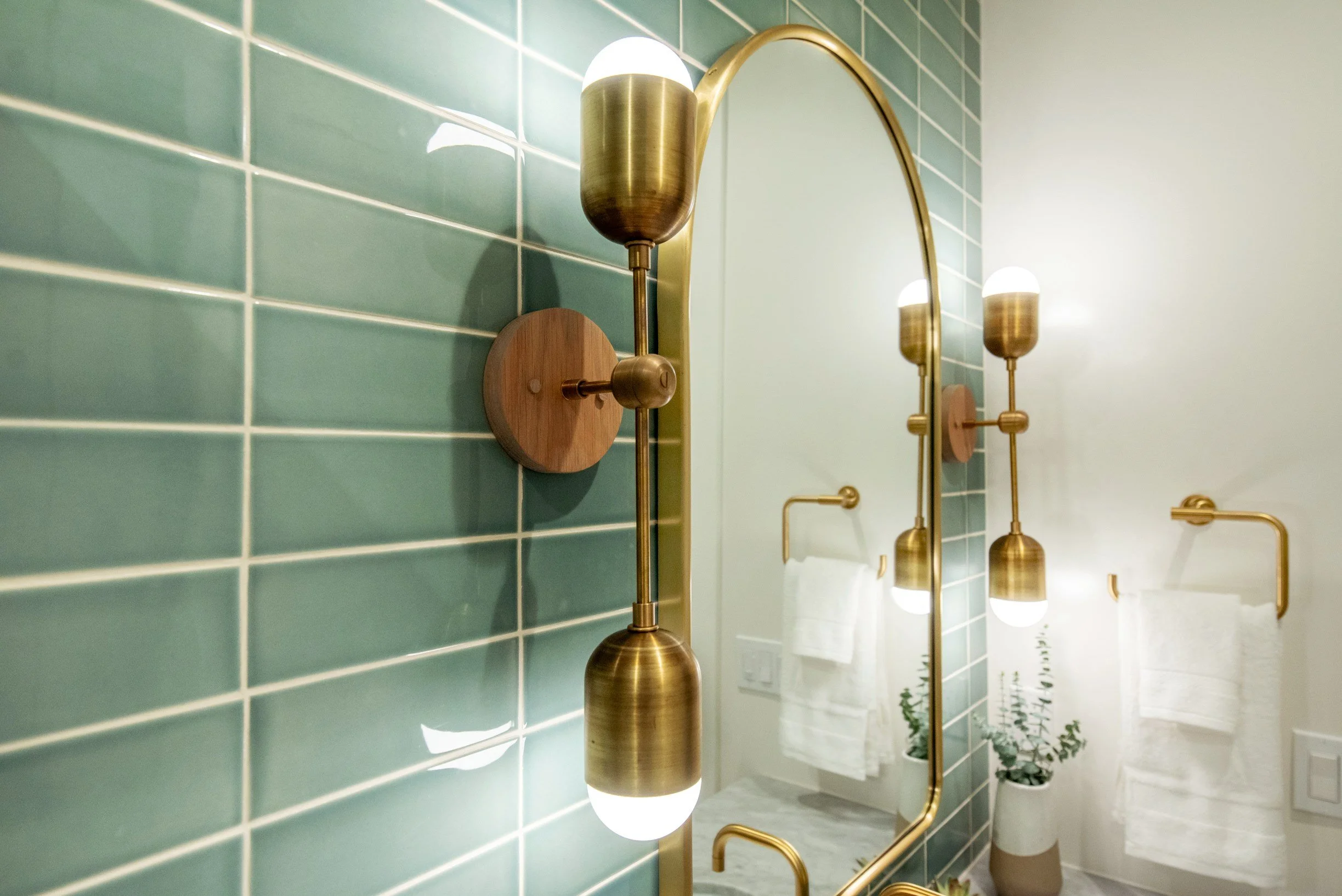 Studio SQUIRE | Marin County and SF Bay Area Interior Design Firm | Belvedere-Tiburon Project | Modern Spa Bathroom Design | Modern Light Fixtures | Brass Fixtures | Handmade Tile