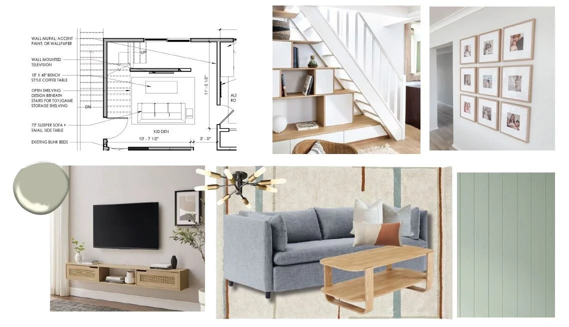 Studio SQUIRE | Marin and SF Bay Area Interior Design Firm | San Anselmo Downstairs Renovation | Kids Den Design | Sage green and white oak shelving under stairs gallery wall