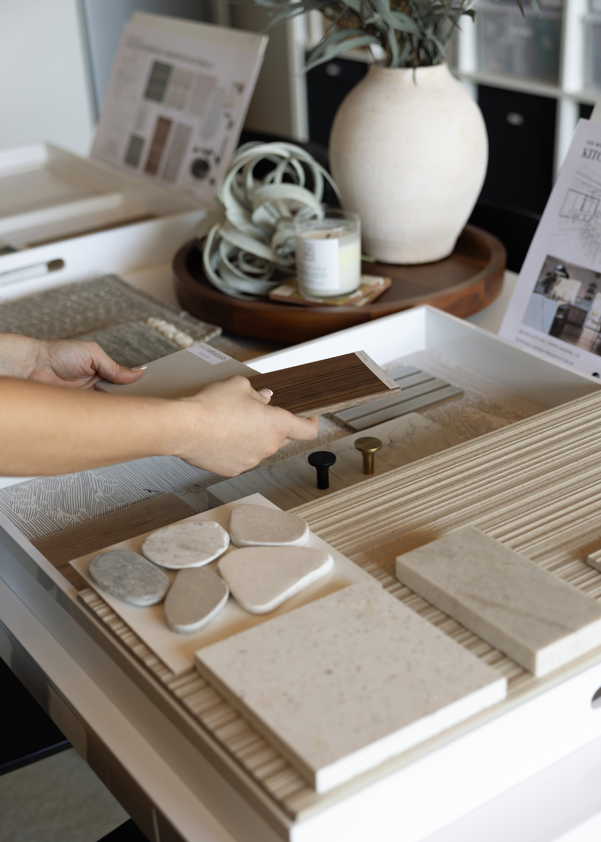 Marin County interior designer, Michelle Squire choosing samples