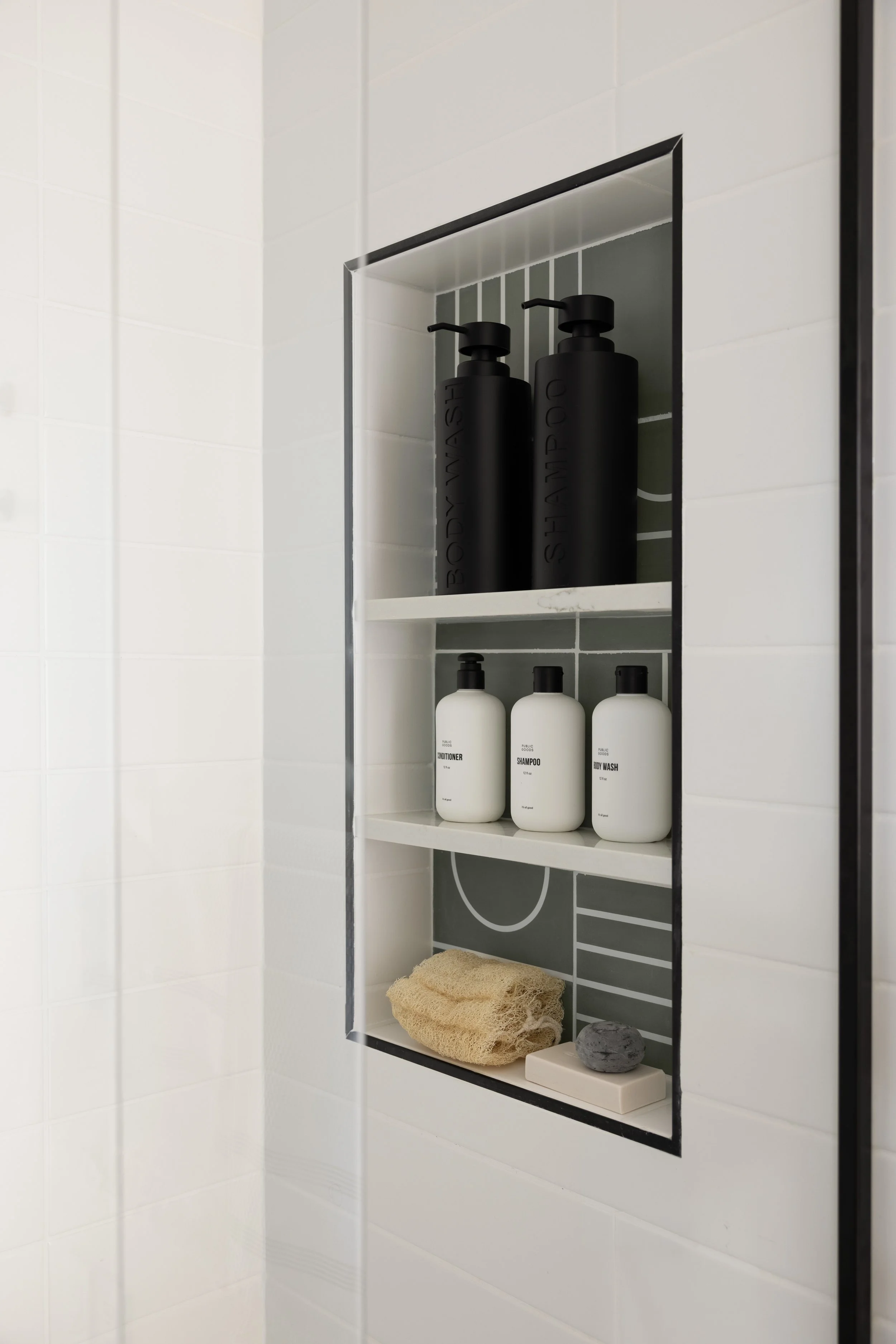 ADU renovation in Mill Valley designed by Marin interior designer Studio SQUIRE featuring Accent Tile, and Shower Niche