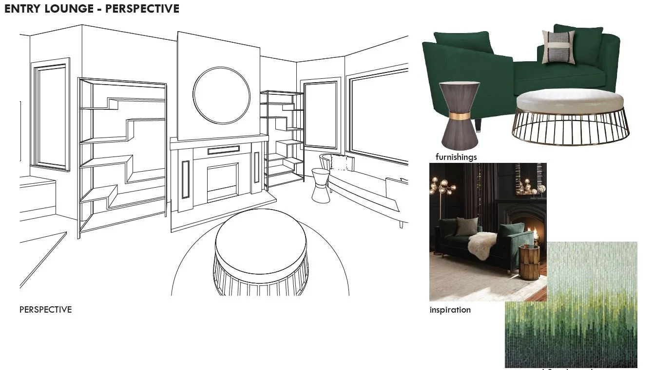 Entry lounge with bookshelves, round ottoman and recamier.