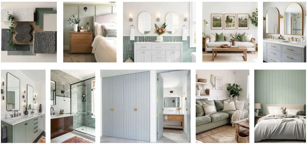 Studio SQUIRE | Marin and SF Bay Area Interior Design Firm | San Anselmo Downstairs Renovation | Design inspiration page | Sage green matte black arched mirrors black accents shiplap