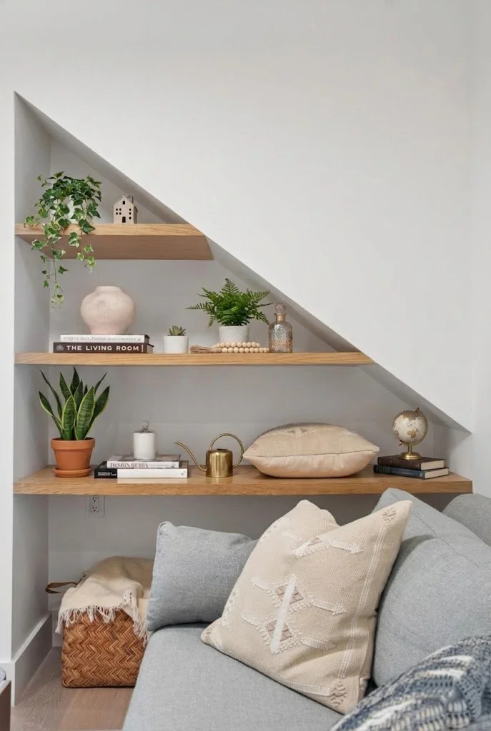 Den renovation in San Anselmo designed by Marin interior designer Studio SQUIRE featuring Wood Shelves, Sofa, Pillows, and Decor