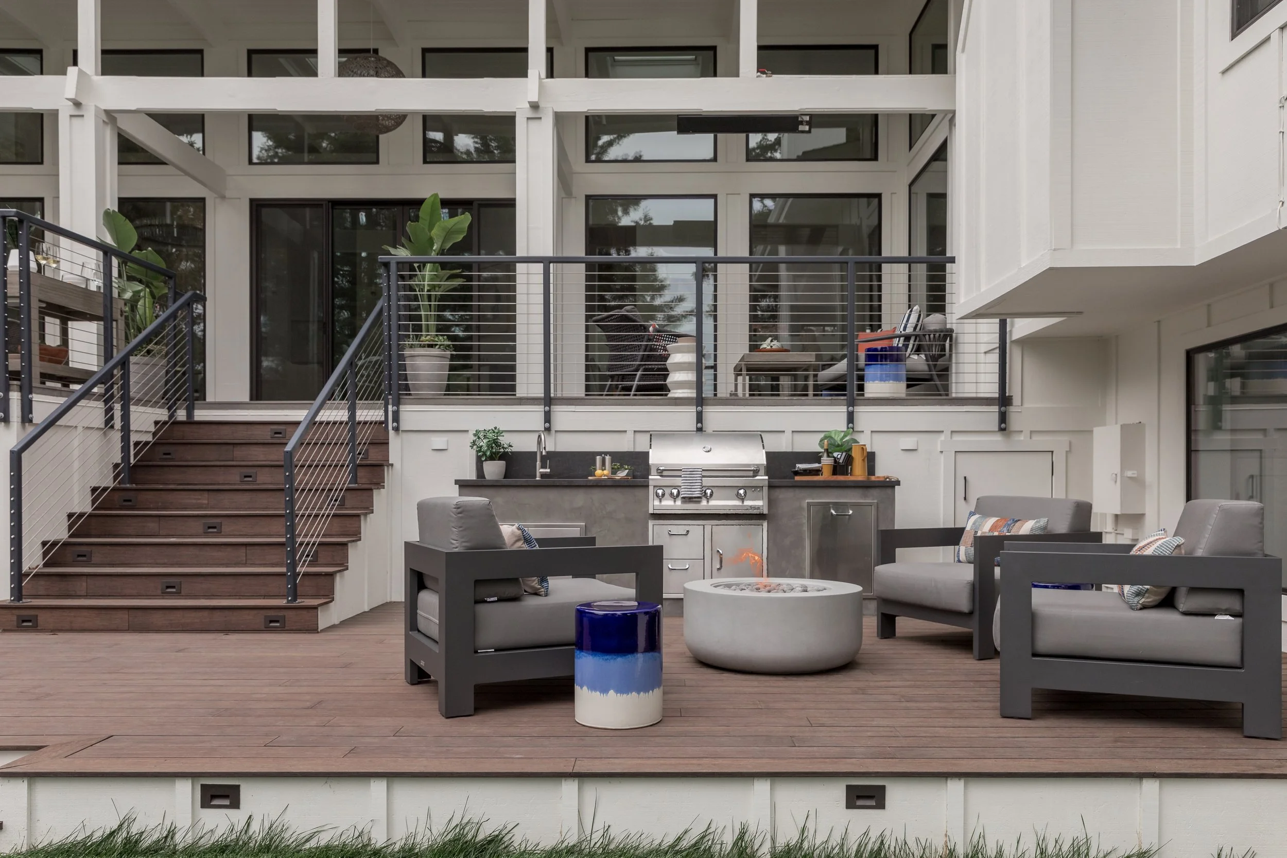 Studio SQUIRE | Marin County and SF Bay Area Interior Design Firm | Mill Valley Project | Modern Outdoor Living Spaces Design | Lounge Area | Firepit | Kitchen