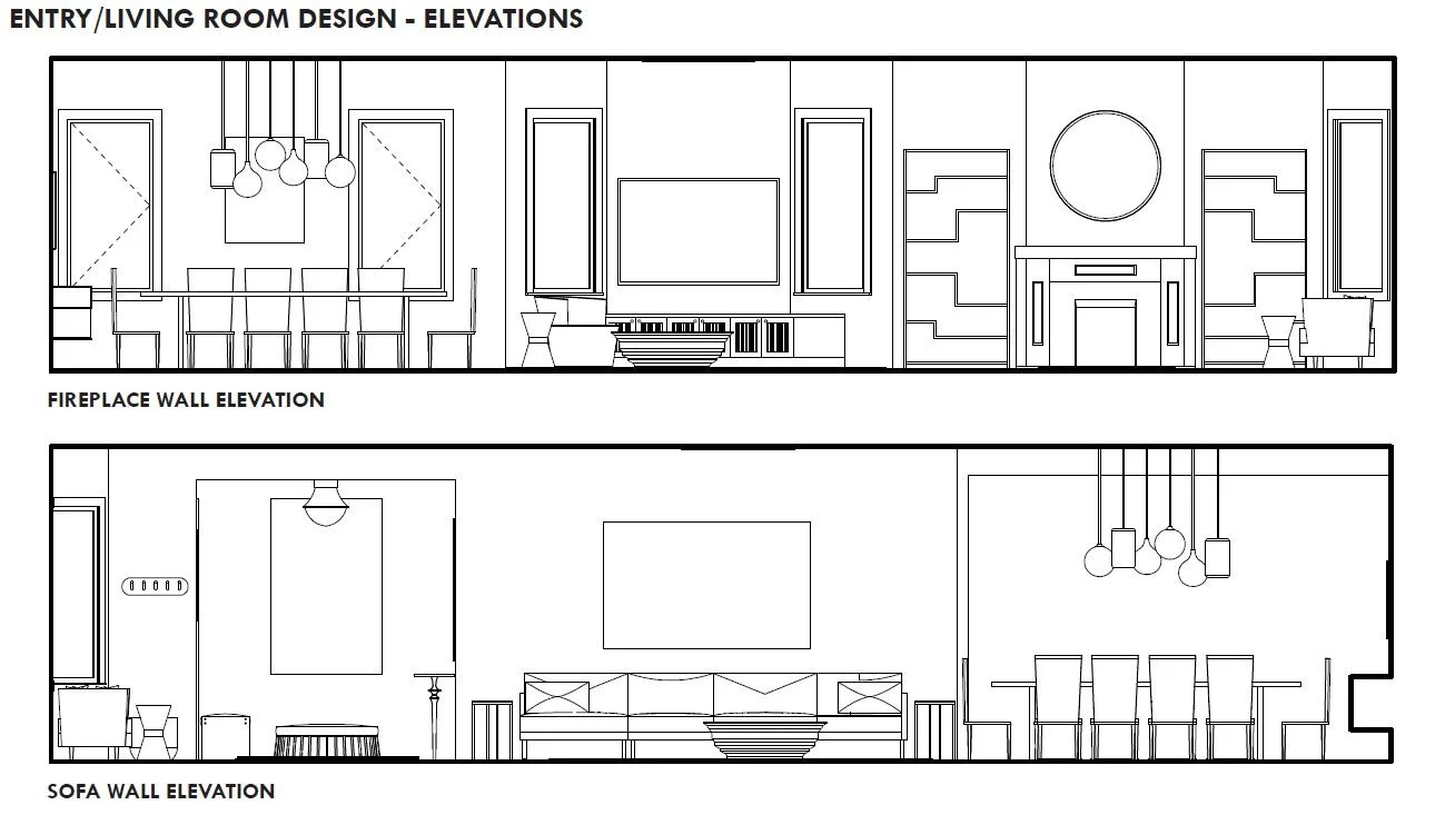 Living and dining elevations with sofa, dining table, lighting fixtures, television.