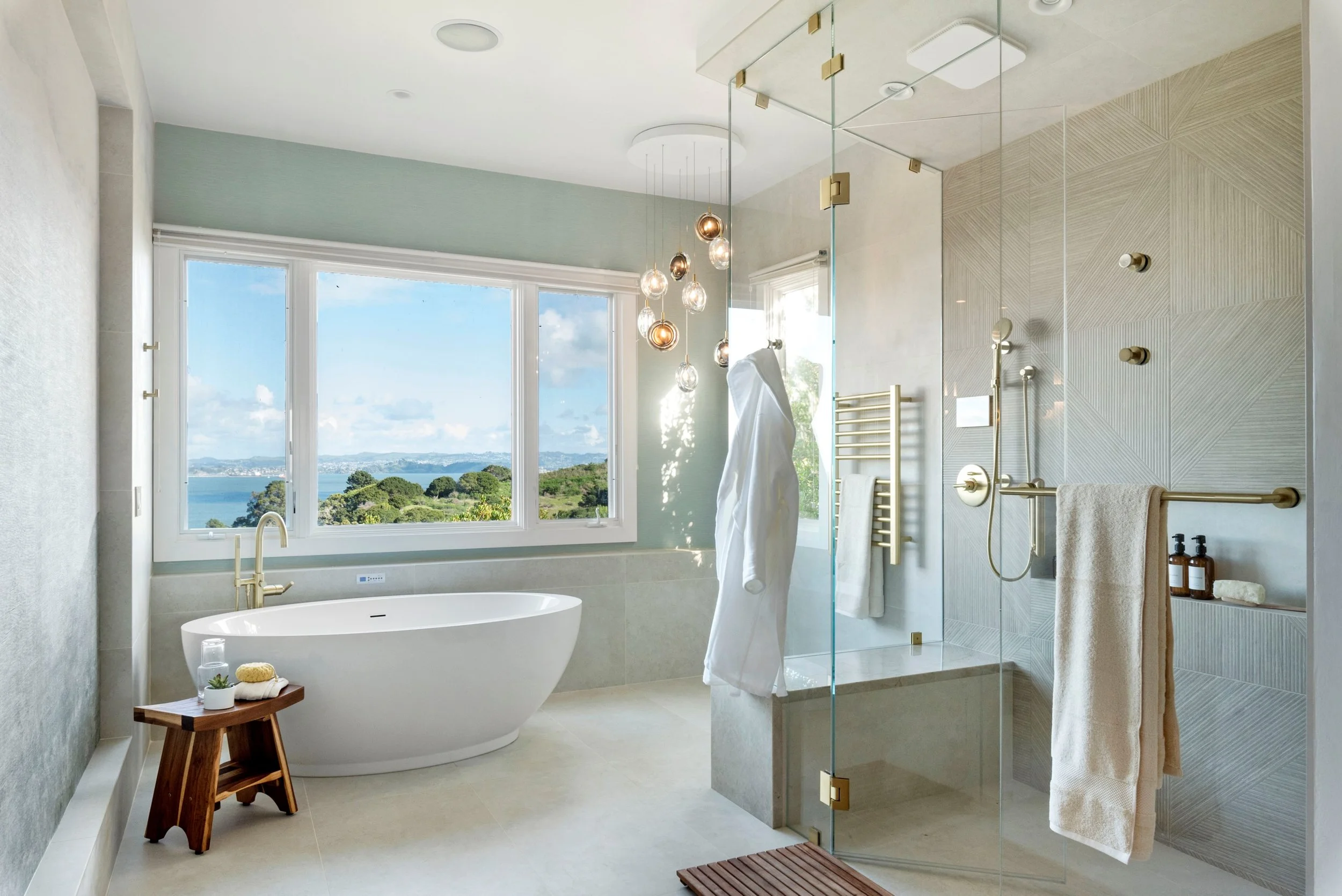 Studio Squire | SF Bay Area | Marin County | Tiburon Luxury Primary Bathroom Renovation | Freestanding tub with steam shower and view