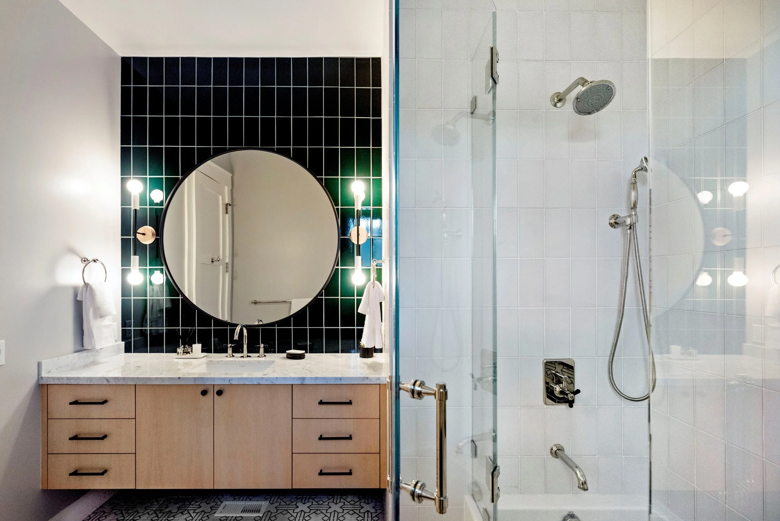 Studio SQUIRE | Marin County and SF Bay Area Interior Design Firm | Belvedere-Tiburon Project | Modern Bathroom Design Full View | Custom Cabinetry | Shower Design | Modern Lighting | Tile Backsplash