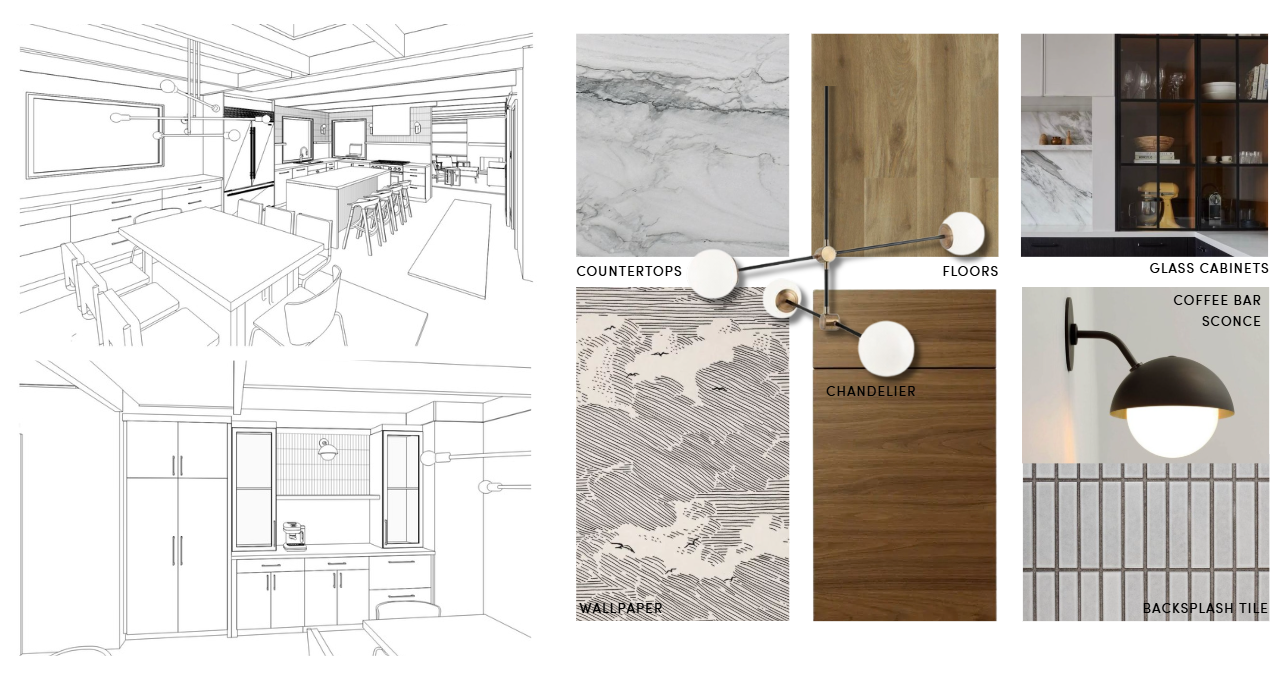 Dining Room renovation in Corte Madera designed by Marin interior designer Studio SQUIRE featuring walnut cabinets, wallpaper, and porcelain countertops