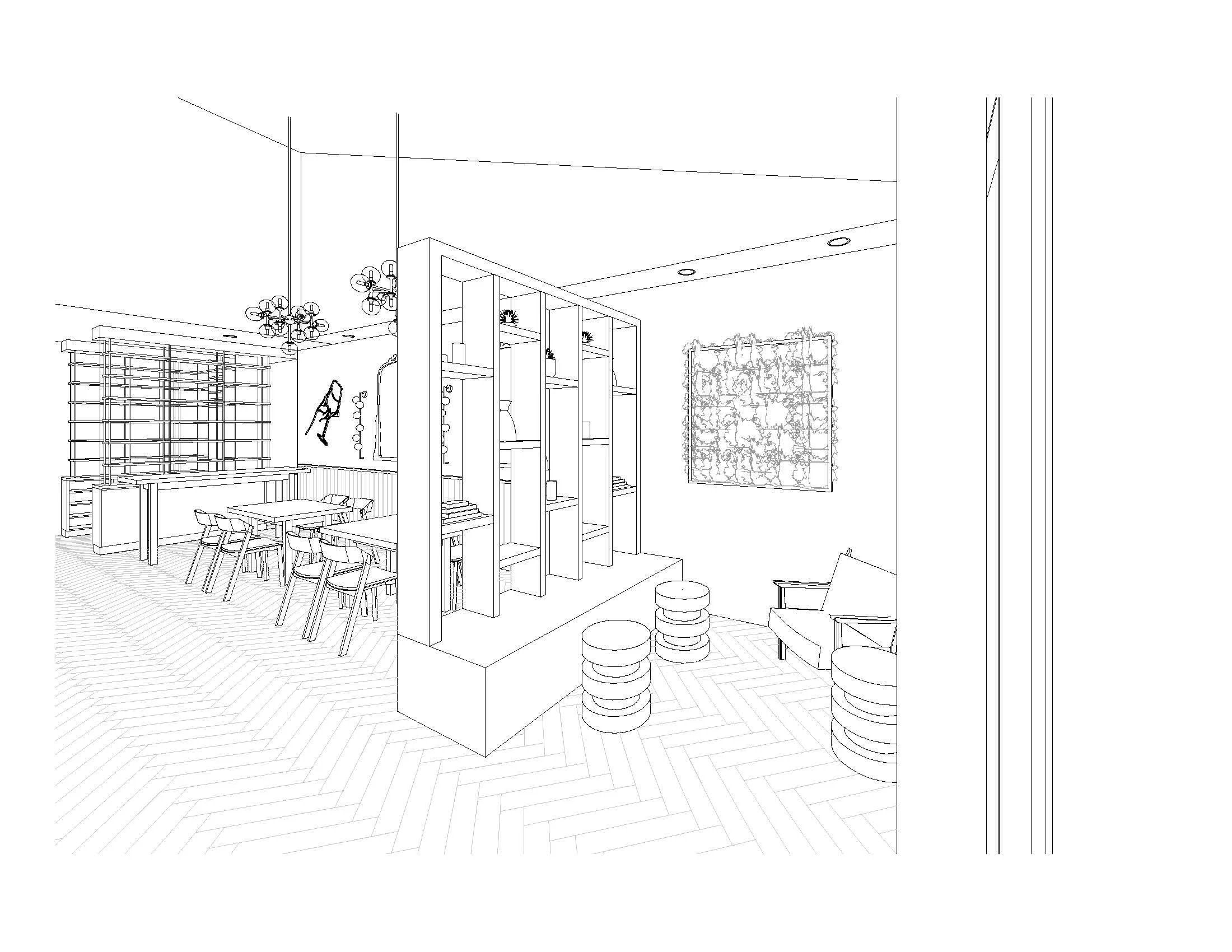 Commercial wine bar perspective drawing in Belvedere-Tiburon designed by Marin interior designer Studio SQUIRE featuring Herringbone Flooring, Dining Seating, Plant Wall, and Accent Lighting