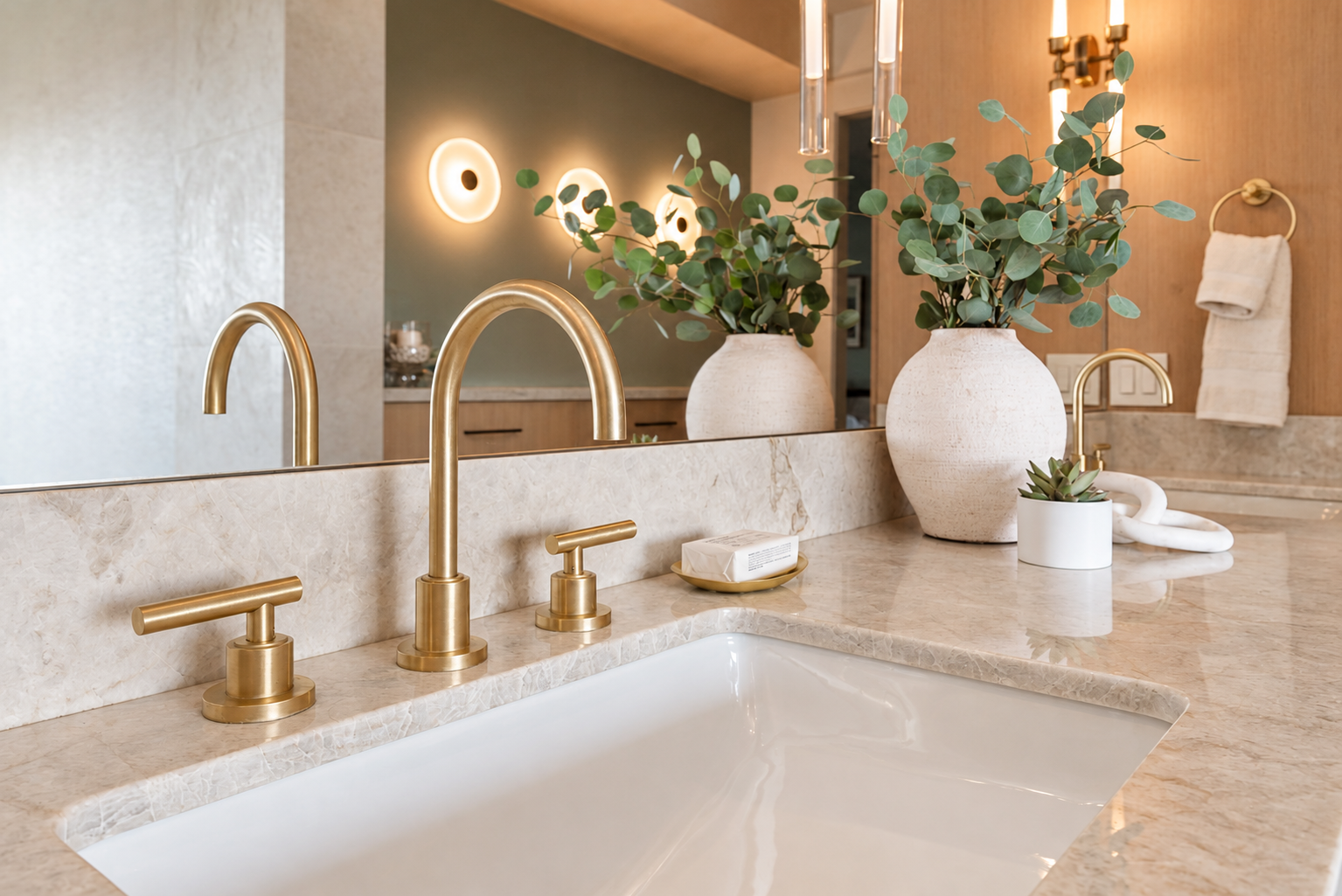 Luxury primary bathroom renovation in Tiburon designed by Marin interior designer Studio SQUIRE featuring white oak custom casework, quartzite countertops, satin brass plumbing fixtures, and oil rubbed bronze cabinet hardware.