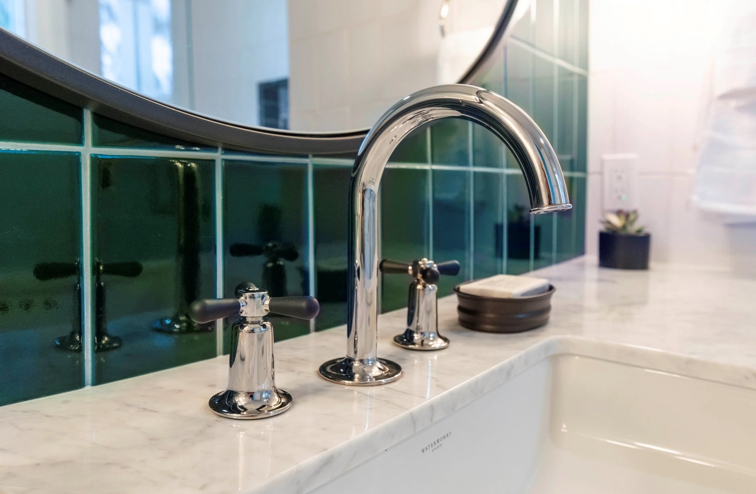 Studio SQUIRE | Marin County and SF Bay Area Interior Design Firm | Belvedere-Tiburon Project | Modern Bathroom Design | Waterworks Faucet | Vanity Details