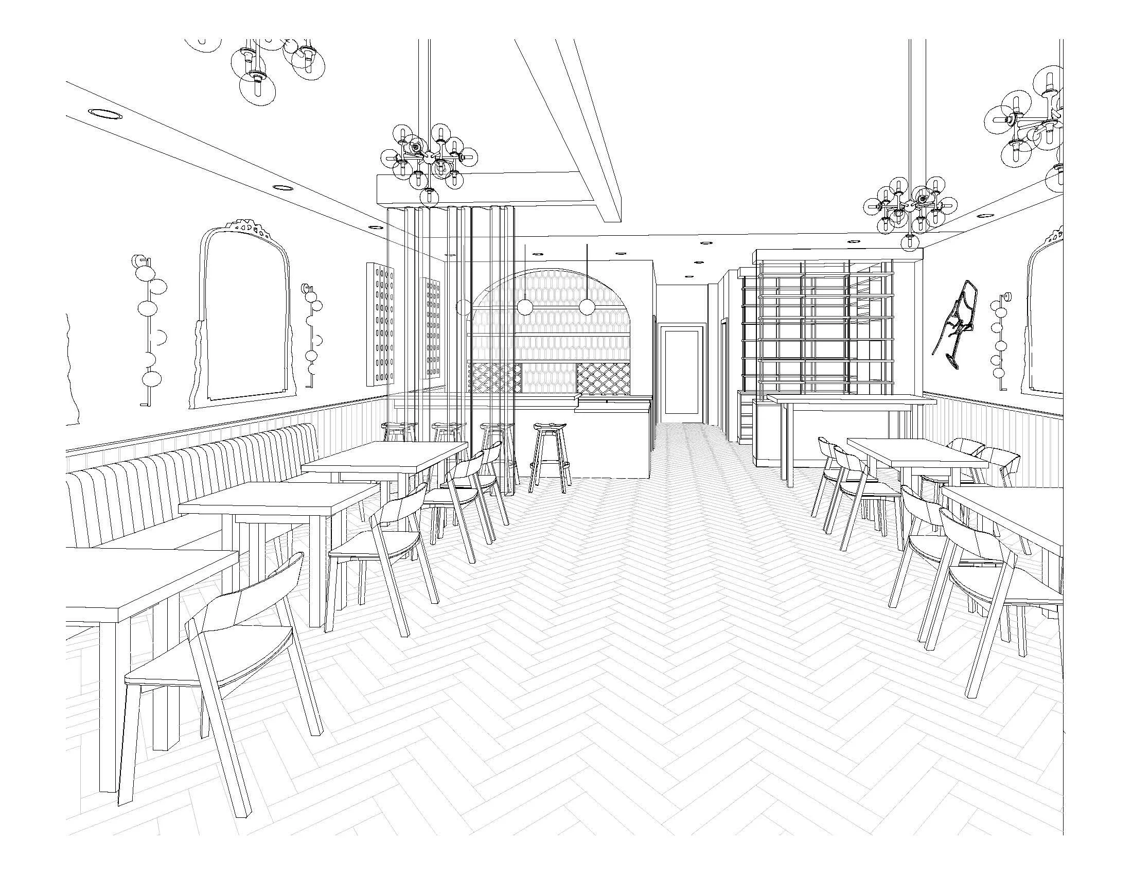 Commercial wine bar perspective drawing in Belvedere-Tiburon designed by Marin interior designer Studio SQUIRE featuring Dining Seating, Herringbone Flooring, Wall Paneling, Backsplash, and Banquette Seating