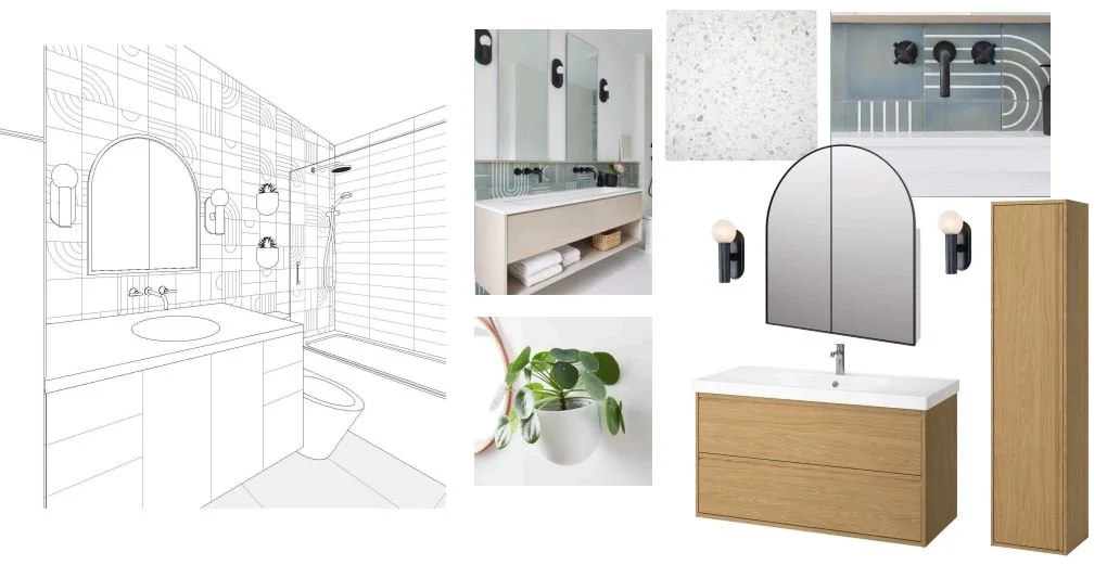 Studio SQUIRE | Marin and SF Bay Area Interior Design Firm | Mill Valley Whole Home Renovation and ADU | ADU Bathroom Design Inspiration | Encaustic blue and white tiles matte black plumbing fixtures white oak vanity modern lighting fixtures