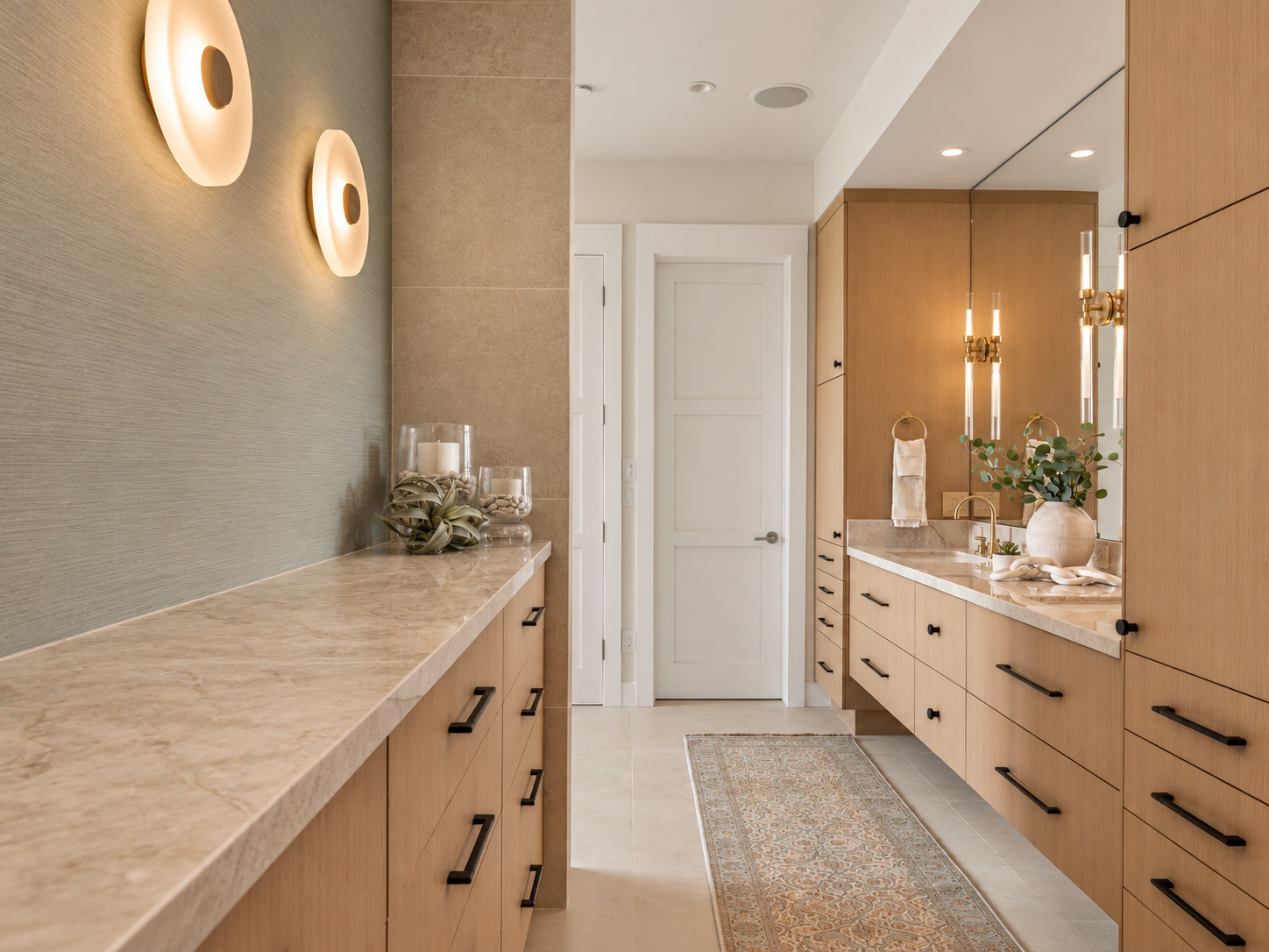 Luxury primary bathroom renovation in Tiburon designed by Marin interior designer Studio SQUIRE featuring white oak custom casework, quartzite countertops, satin brass plumbing fixtures, and oil rubbed bronze cabinet hardware.