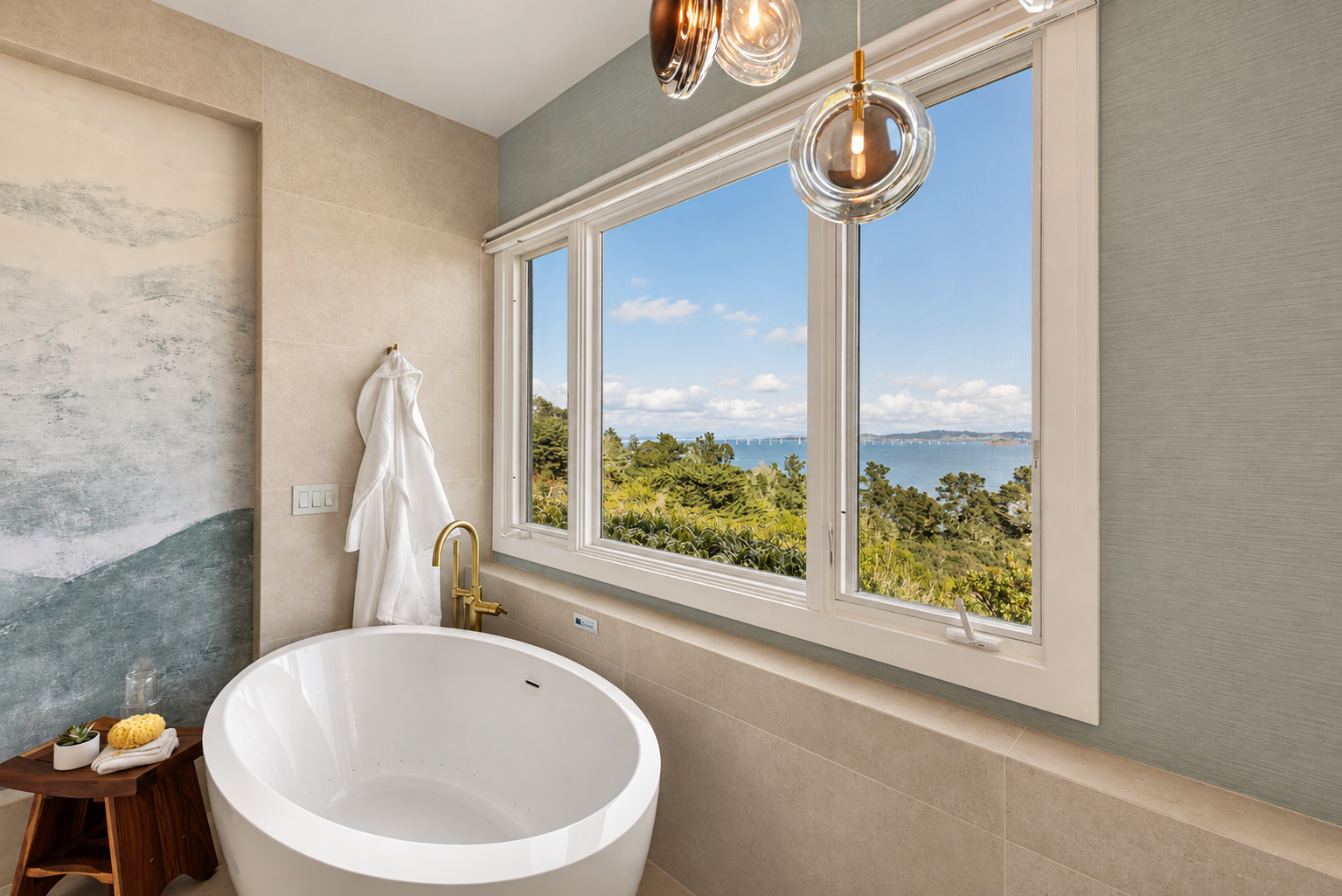 Luxury primary bathroom renovation in Tiburon designed by Marin interior designer Studio SQUIRE featuring a coastal wallpaper mural, freestanding soaking tub, modern chandelier, and views of the San Francisco Bay.