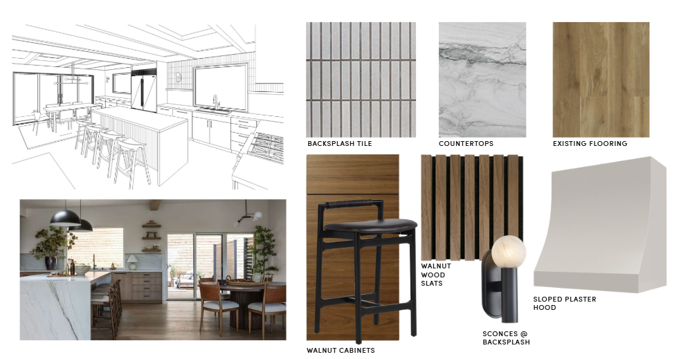 Kitchen renovation in Corte Madera designed by Marin interior designer Studio SQUIRE featuring a sloped plaster hood, walnut wood slats, walnut cabinets, and porcelain countertop.