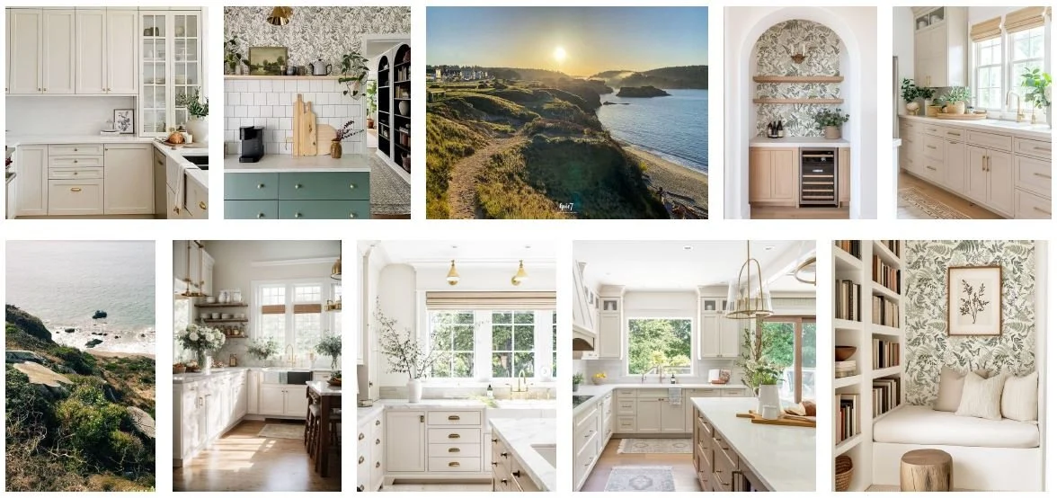 Studio SQUIRE | Marin and SF Bay Area Interior Design Firm | Kentfield Kitchen Design | Transitional kitchen with white cabinets brass hardware white oak and botanical wallpaper