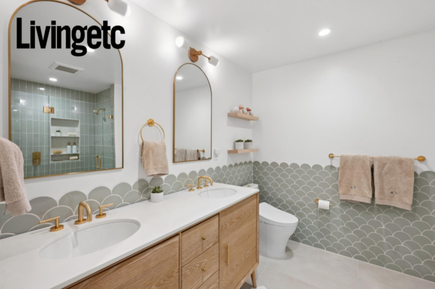 Bathroom renovation in San Anselmo designed by Marin interior designer Studio SQUIRE featuring scalloped tile, wood vanity, wood shelves, and brass fixtures