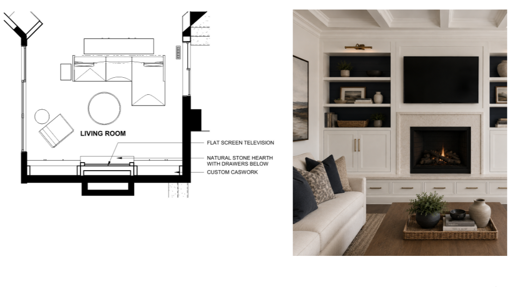 Living Room renovation in Corte Madera floorplan and inspiration image by Studio SQUIRE