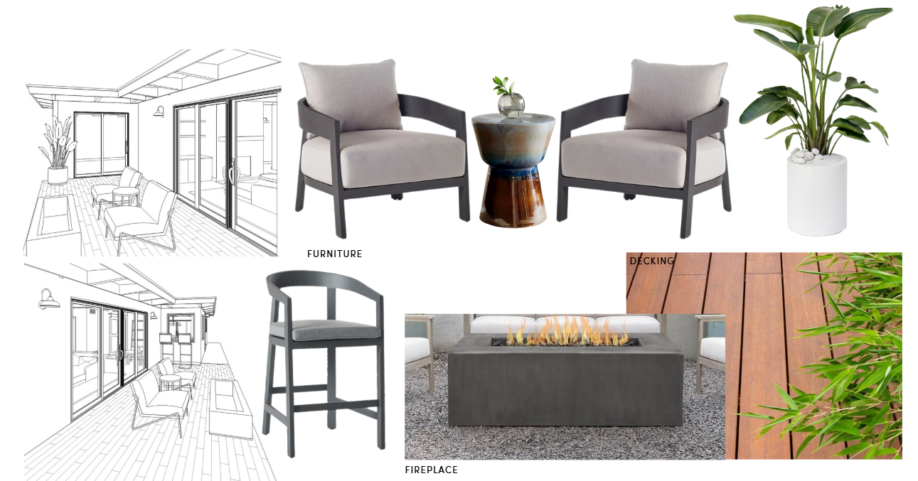 Back Deck renovation in Corte Madera designed by Marin interior designer Studio SQUIRE featuring wood planks, concrete fire pit, and furnishings