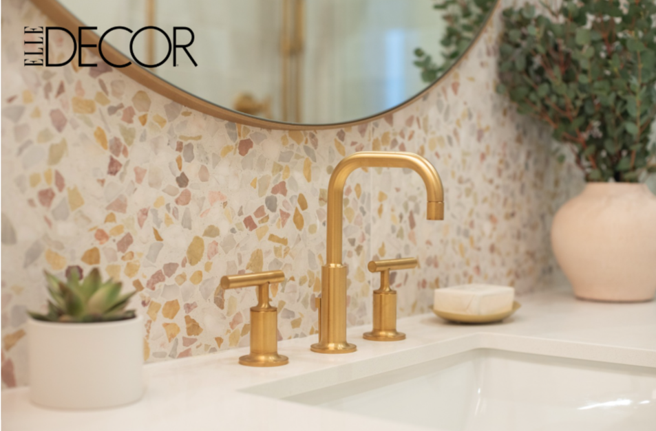 Bathroom renovation in Tiburon designed by Marin interior designer Studio SQUIRE featuring terrazzo tile, brass faucet, and brass round mirror