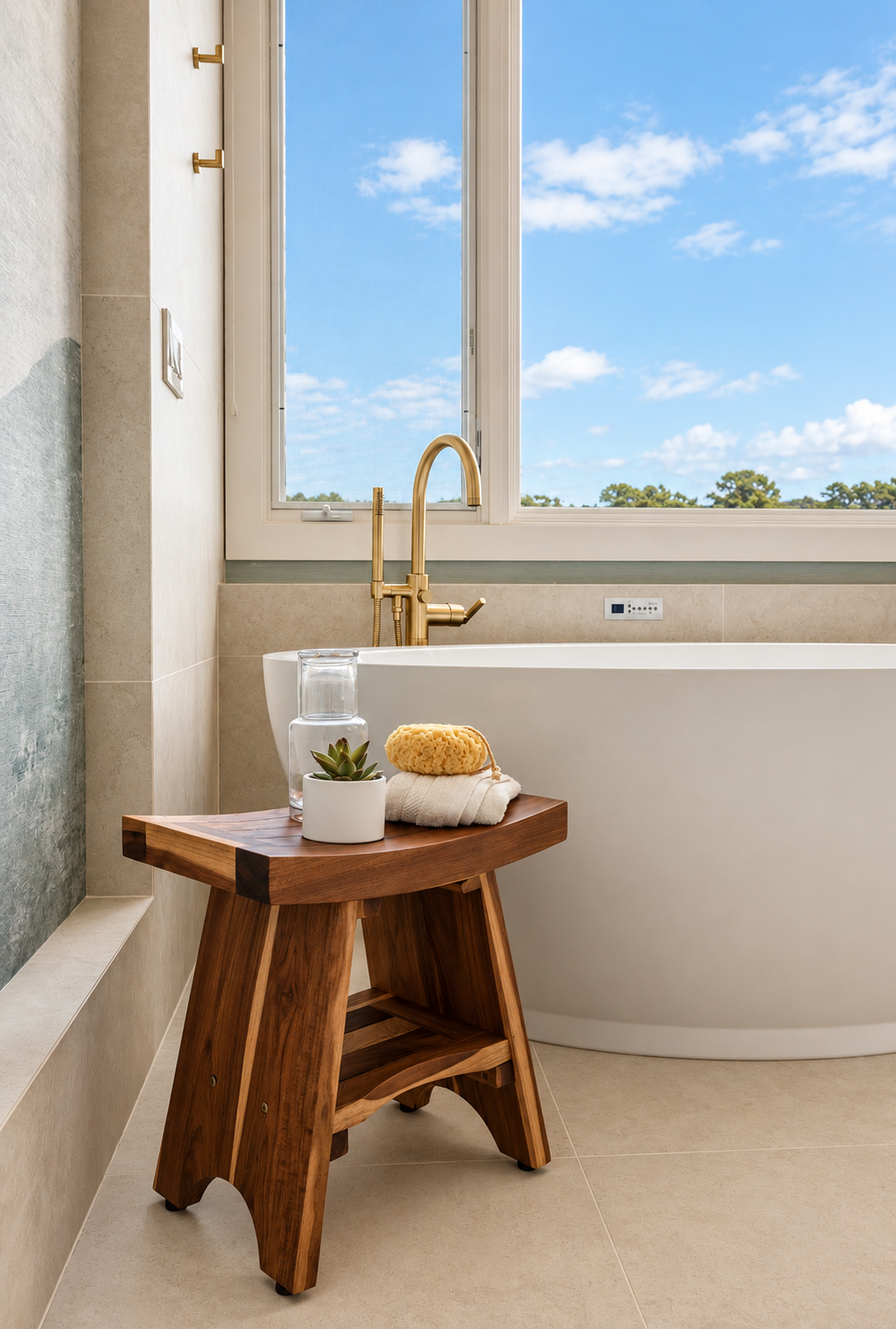Luxury primary bathroom renovation in Tiburon designed by Marin interior designer Studio SQUIRE featuring a coastal wallpaper mural, freestanding soaking tub, and views of the San Francisco Bay.