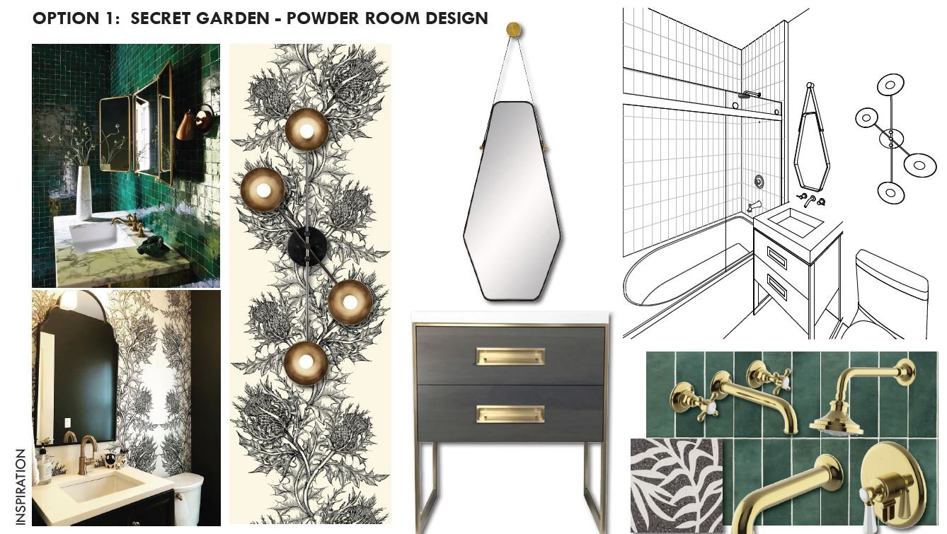 Powder room design with brass fixtures, green tile, and black and white wallpaper.