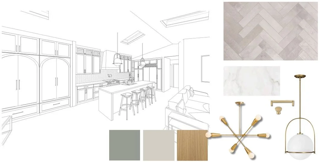 Studio SQUIRE | Marin and SF Bay Area Interior Design Firm | Mill Valley Whole Home Renovation and ADU | Kitchen Design Inspiration | White Sage Green and White Oak color palette with brass lighting fixtures and hardware