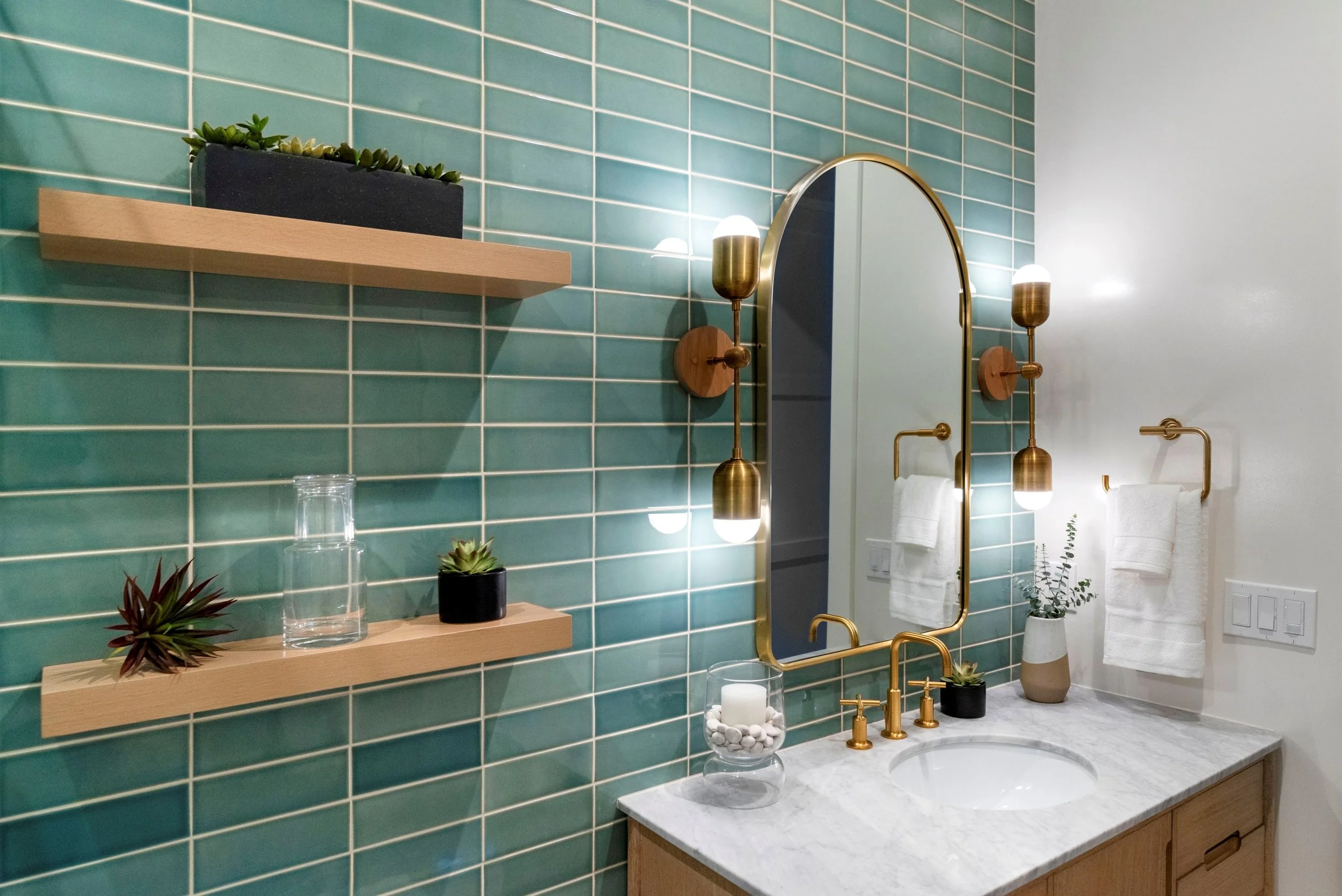 Studio SQUIRE | Marin County and SF Bay Area Interior Design Firm | Belvedere-Tiburon Project | Modern Spa Bathroom Design | Vanity Design | Modern Light Fixtures | Brass Fixtures