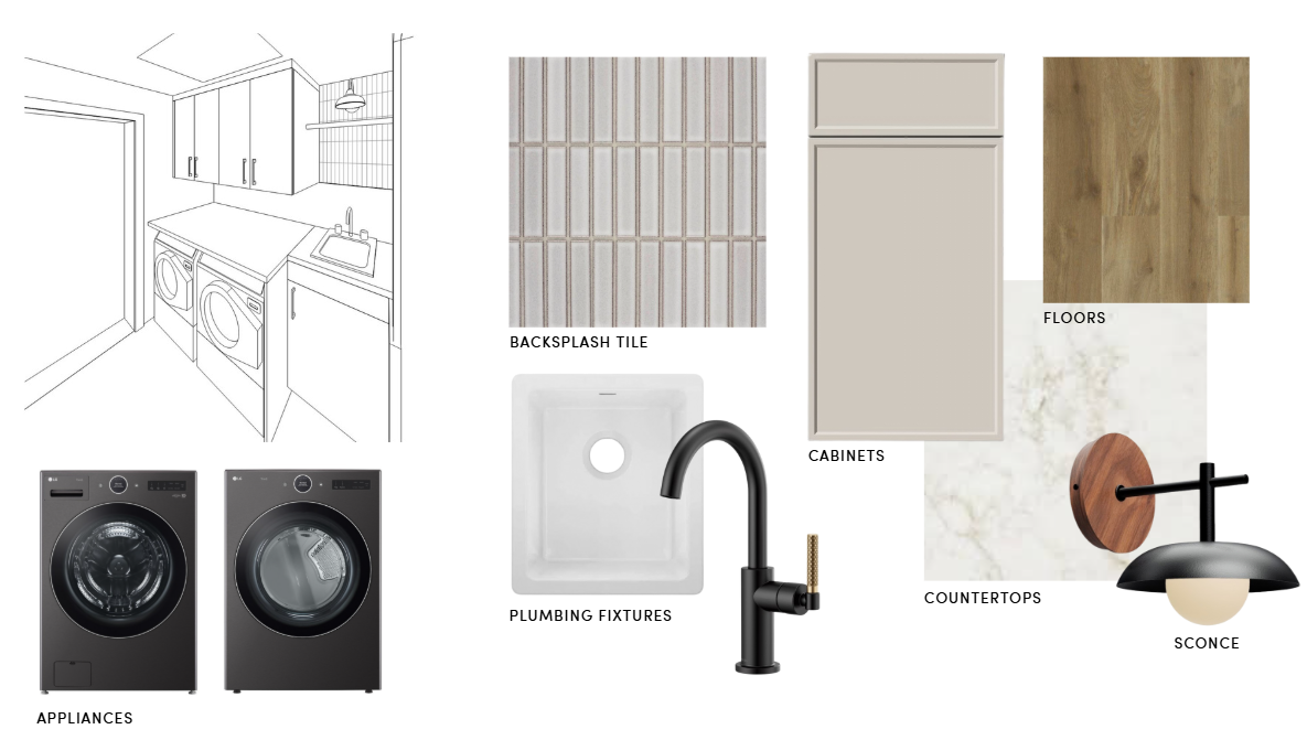 Laundry Room renovation in Corte Madera designed by Marin interior designer Studio SQUIRE featuring beige cabinets, matte black fixtures, and backsplash