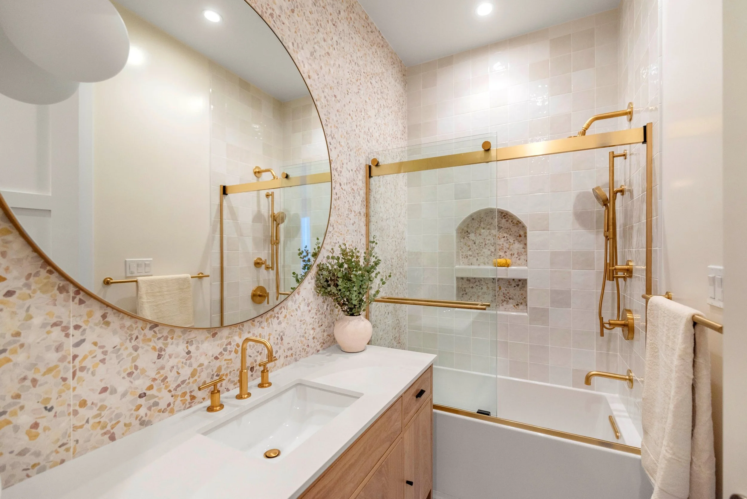 Studio SQUIRE | Marin County and SF Bay Area Interior Design Firm | Belvedere-Tiburon Project | Modern Kids' Bathroom Design | Vanity | Blush Terrazzo | Shower Design