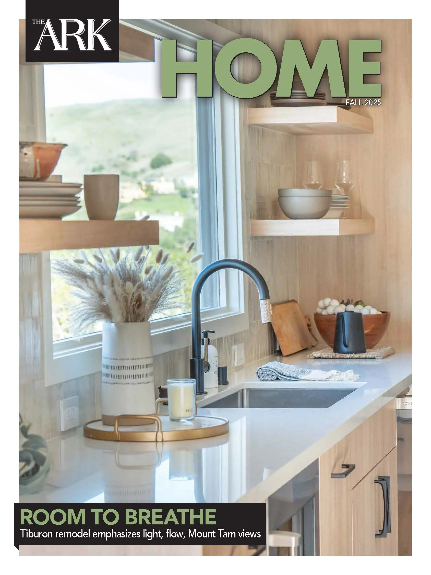 Whole home renovation in Tiburon designed by Marin interior designer Studio SQUIRE featuring Quartz Countertop, Wood Cabinets, Wood Shelves, and Matte Black Hardware