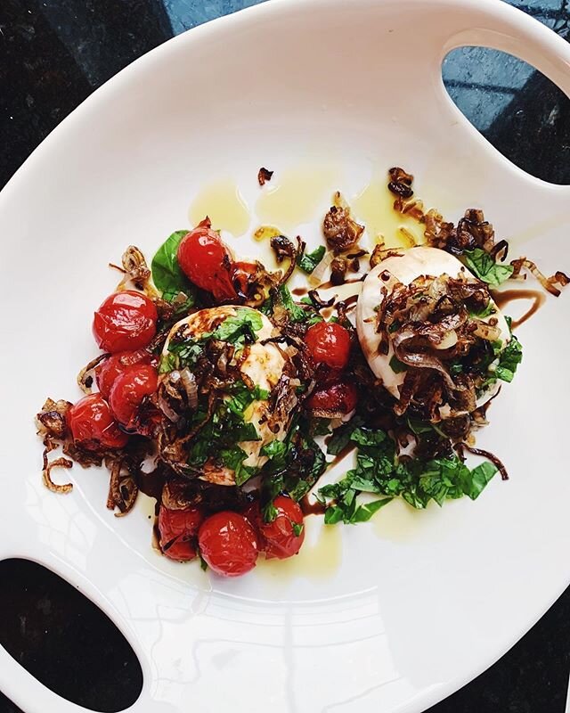 @kyledeford whipped up this early summer snack nearly 4 years ago and it&rsquo;s never left our hearts since&mdash; burrata, roasted tomato, caramelized shallots, basil, balsamic &amp; oil. get this on your to do list babe 🍅 #burrataallday #summersn