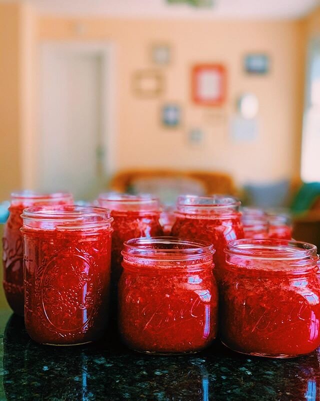 15 lbs. of strawberries &amp; a freezer jam that tastes like breakfast at grandma angel&rsquo;s, courtesy of the direction of one killer jam queen @jordinatortilla #strawberryqueen #summerprojects #notaballjarad #shouldbe #solstice #forever