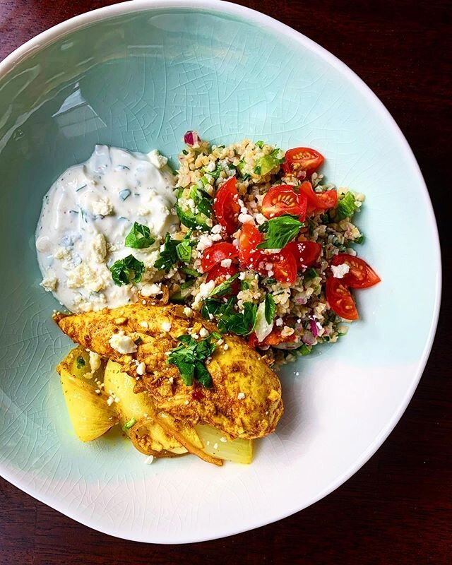 this Mediterranean bowl with a side of 2 women arguing over which part of the chicken is the best. idk who won, probably @hjgozigian for remaining silent&mdash; @nytcooking chicken shawarma, @alexandracooks tabbouleh, greek yogurt/feta/🍋 #breastvthi