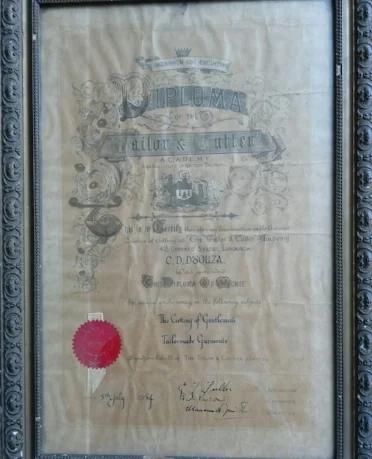 Recent surfacing of diploma certificates awarded in Portugal and this one in England, show that Goan tailors apart from a long apprenticeship also underwent more formal training. This diploma is awarded to C. D. D'Souza from the Tailor and Cutter Academy and Institute of British Tailoring, London in 1954. Photo courtesy by grandson Peter A D'Souza who carries on the family occupation running a high-end outlet in Ahmedabad.