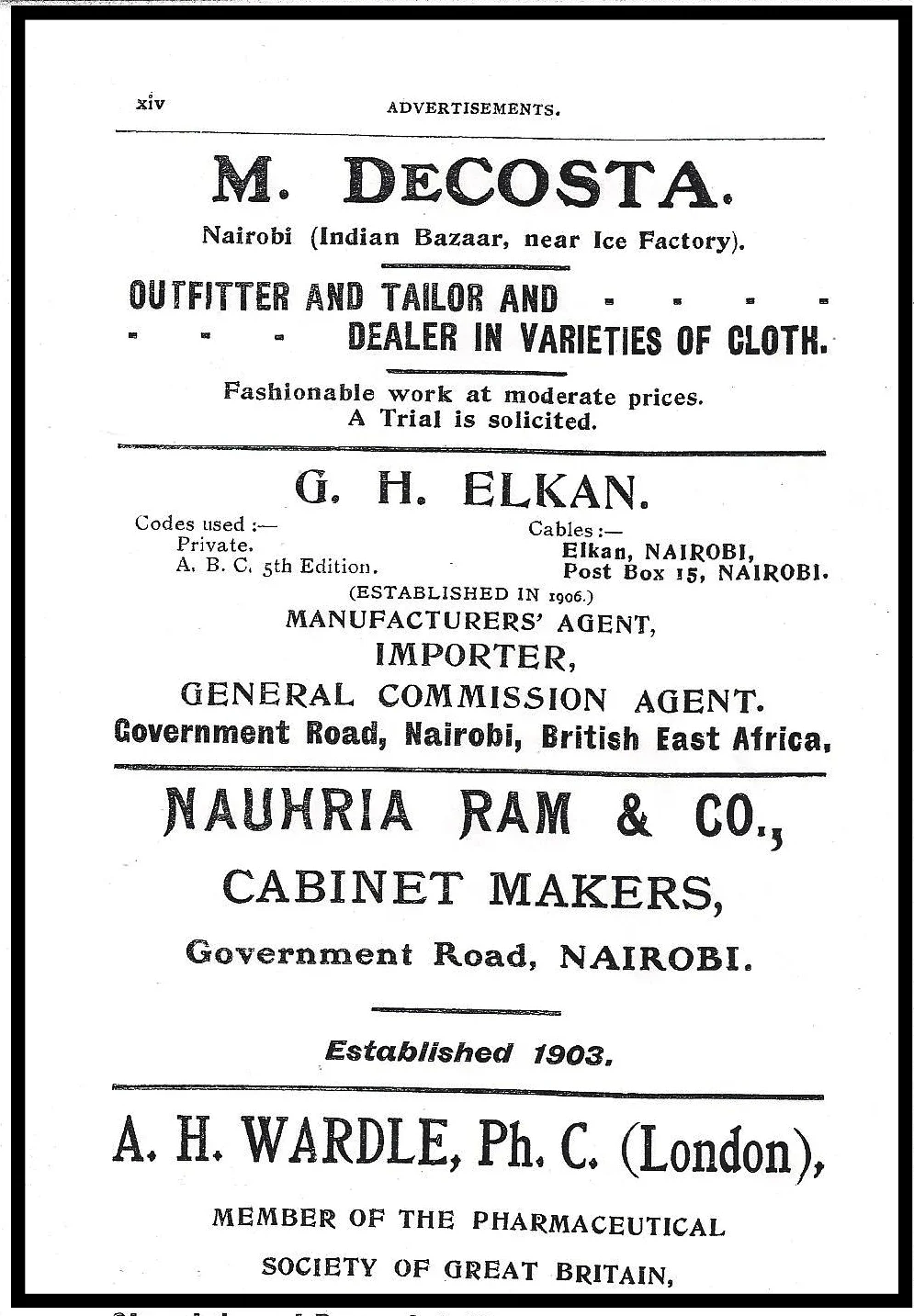 A Goan tailoring outlet located at the Nairobi Indian bazaar advertising in the Kenya Directory of 1920. Courtesy Clifford J. Pereira.