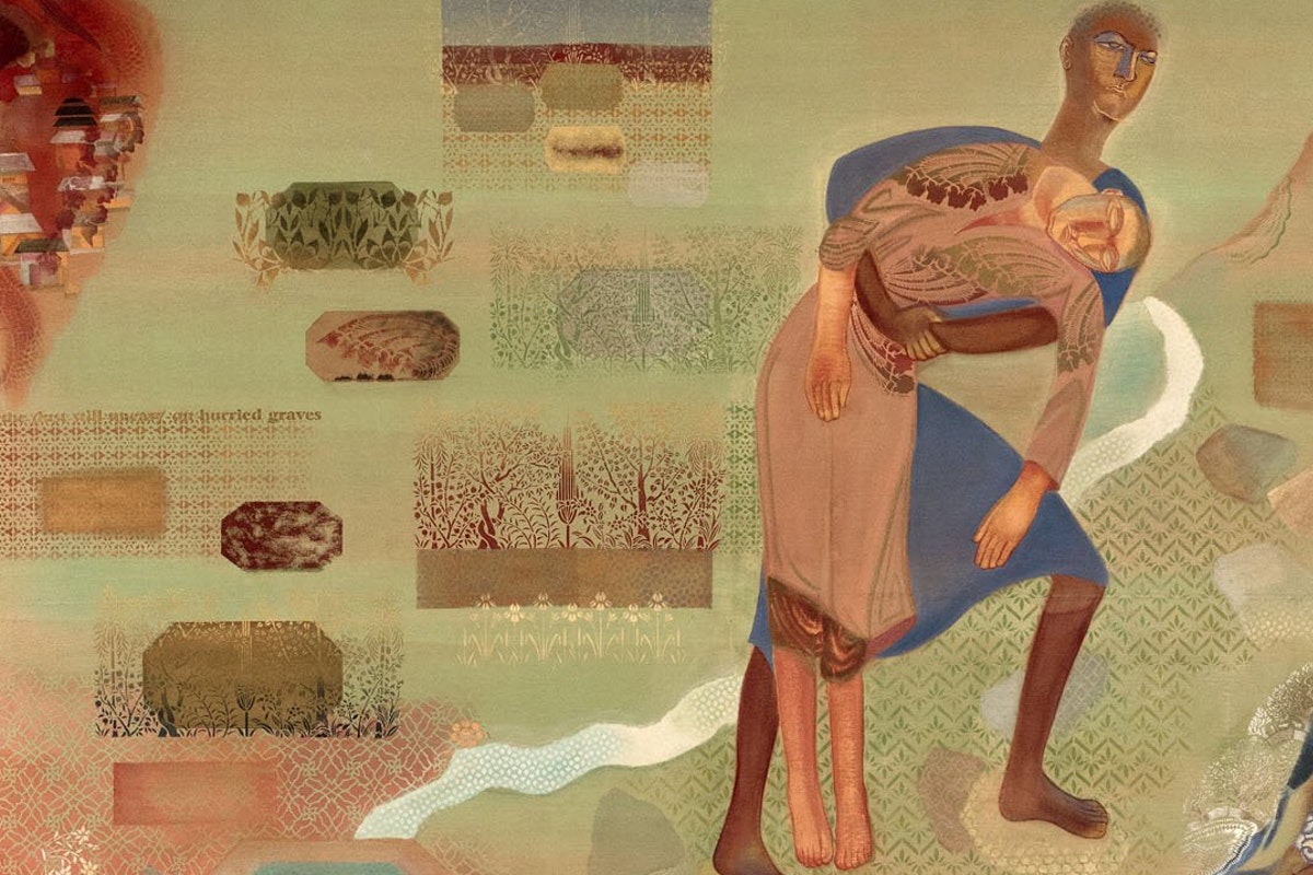 Nilima Sheikh’s artwork. ‘Her work focuses on displacement, longing, historical lineage, tradition, communal violence, and the ideas of femininity. ‘ Wikipedia.